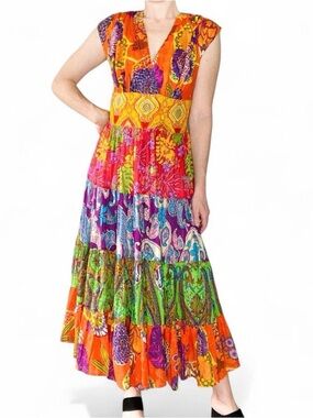 Vintage Y2K Freestyle Colorful Floral Gauze Hippie Midi Dress